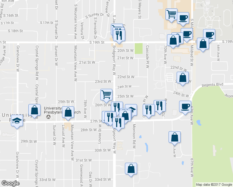 map of restaurants, bars, coffee shops, grocery stores, and more near 2415 Bridgeport Way West in University Place