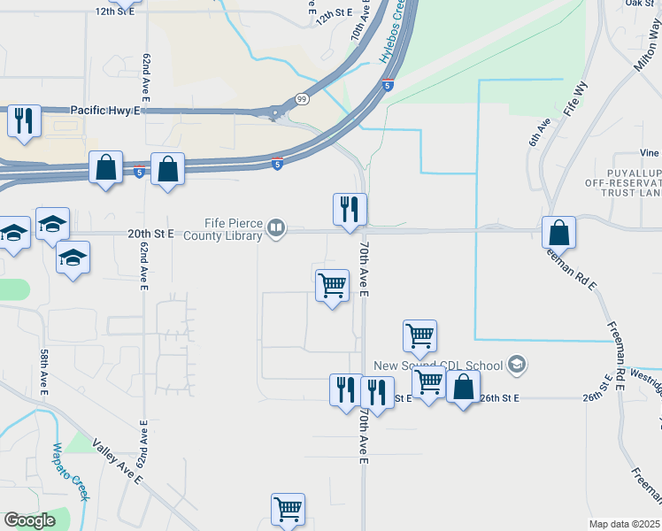 map of restaurants, bars, coffee shops, grocery stores, and more near 6830 20th Street East in Fife