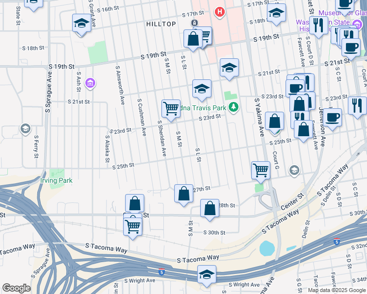 map of restaurants, bars, coffee shops, grocery stores, and more near 2341 South M Street in Tacoma