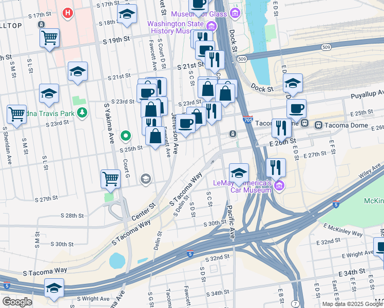 map of restaurants, bars, coffee shops, grocery stores, and more near 2516 South Holgate Street in Tacoma