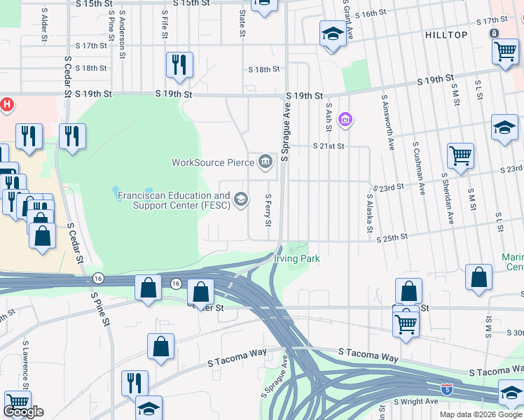 map of restaurants, bars, coffee shops, grocery stores, and more near 2330 South Ferry Street in Tacoma