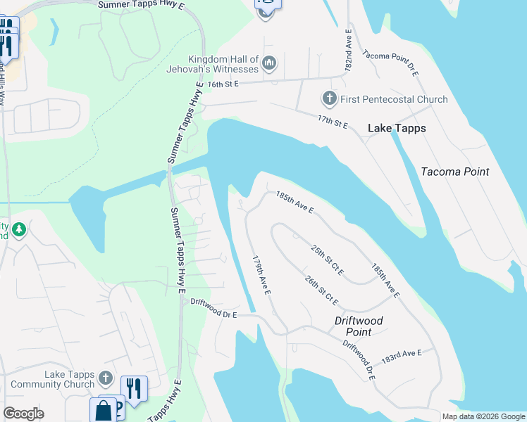 map of restaurants, bars, coffee shops, grocery stores, and more near 18004 22nd Street Court East in Lake Tapps