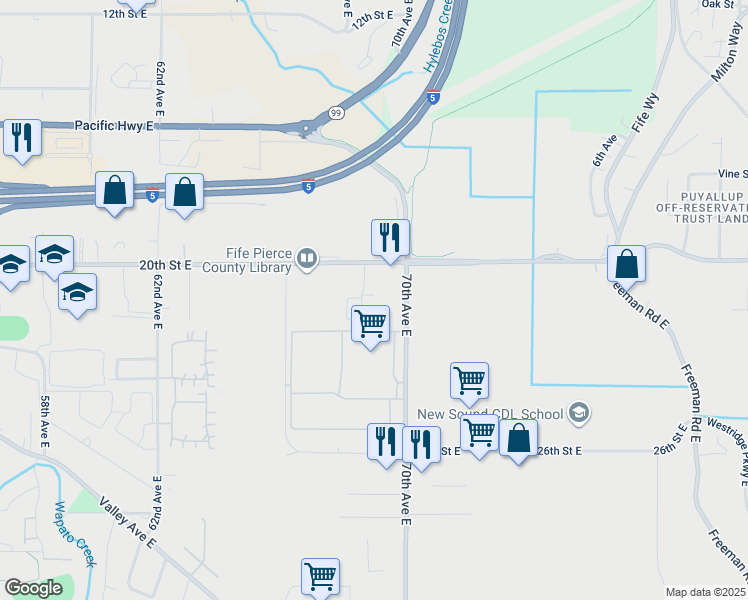 map of restaurants, bars, coffee shops, grocery stores, and more near 6830 20th Street East in Fife