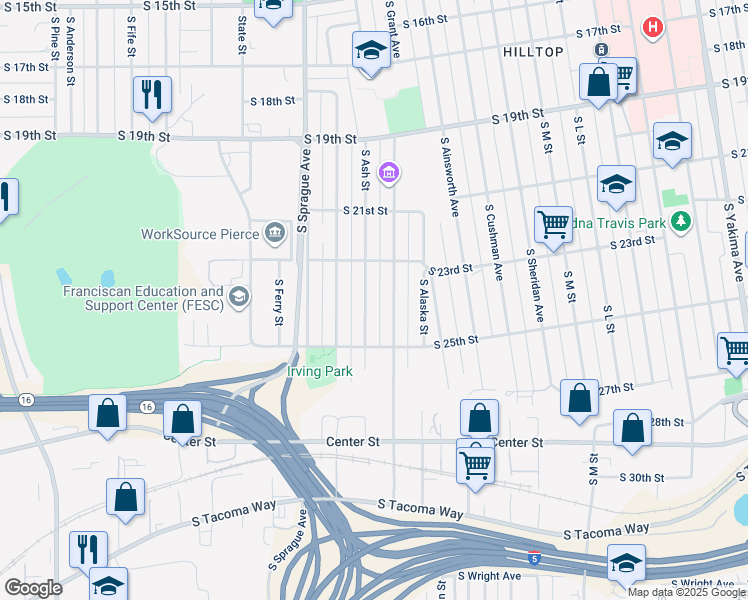 map of restaurants, bars, coffee shops, grocery stores, and more near 2329 South Ash Street in Tacoma