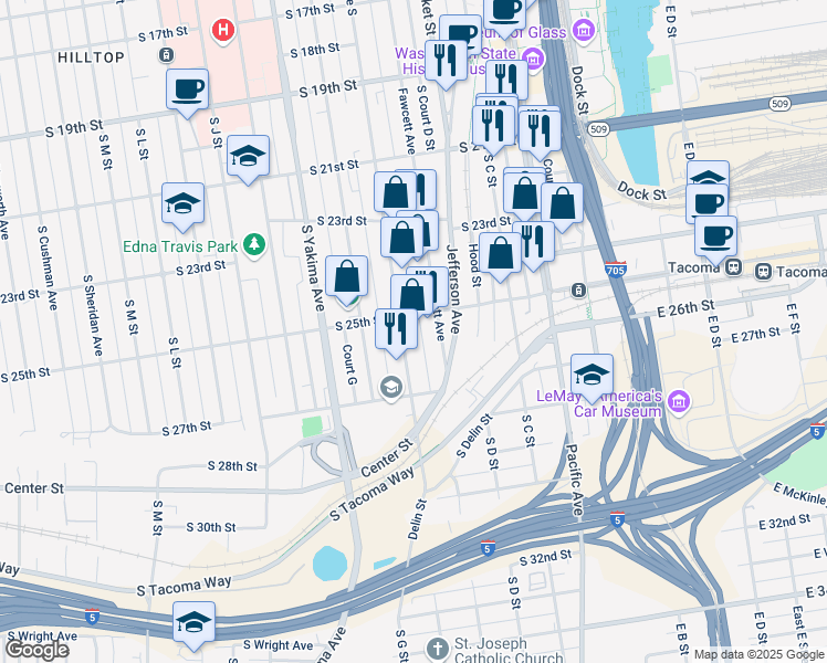 map of restaurants, bars, coffee shops, grocery stores, and more near 2507 Tacoma Avenue South in Tacoma