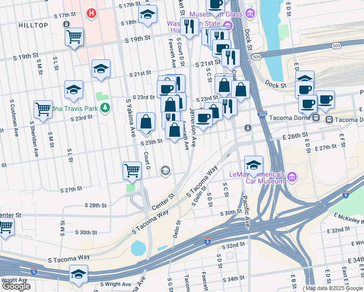 map of restaurants, bars, coffee shops, grocery stores, and more near 2507 Tacoma Avenue South in Tacoma
