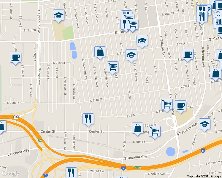 map of restaurants, bars, coffee shops, grocery stores, and more near 2335 S Sheridan Ave in Tacoma