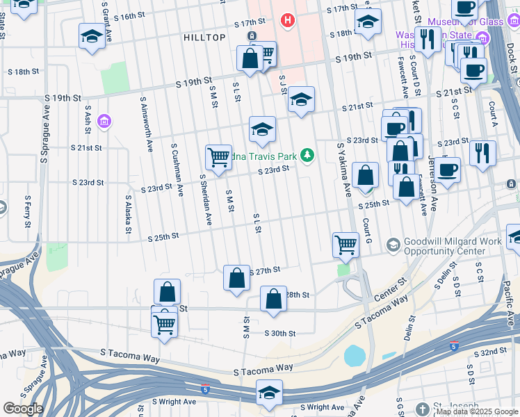 map of restaurants, bars, coffee shops, grocery stores, and more near 2341 South L Street in Tacoma