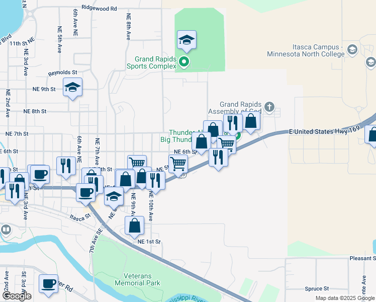 map of restaurants, bars, coffee shops, grocery stores, and more near 1203 NE 6th St in Grand Rapids