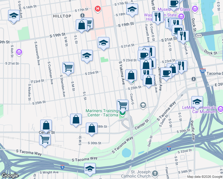map of restaurants, bars, coffee shops, grocery stores, and more near 2422 South I Street in Tacoma