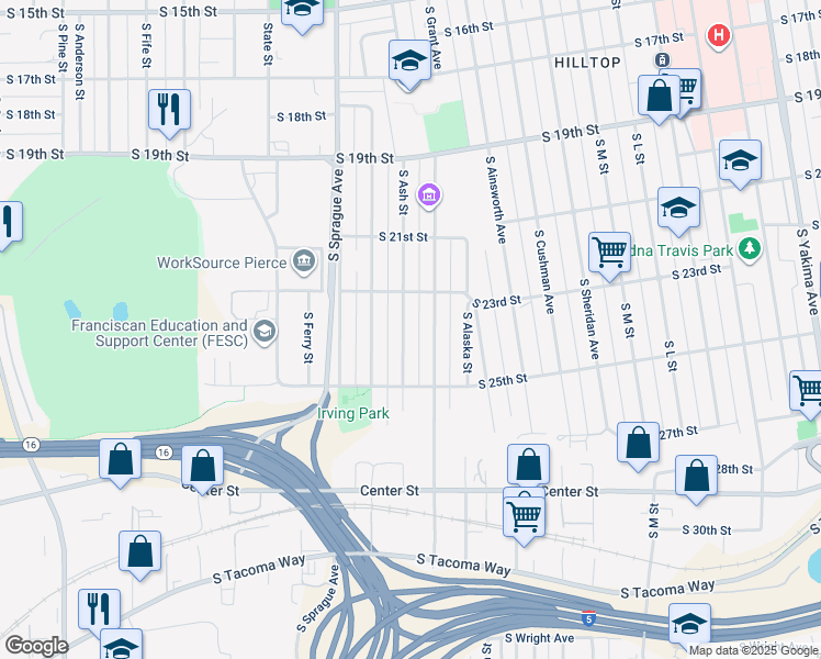 map of restaurants, bars, coffee shops, grocery stores, and more near 2329 South Ash Street in Tacoma