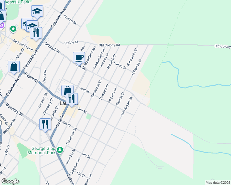 map of restaurants, bars, coffee shops, grocery stores, and more near 124 North Iroquois Street in Calumet Township