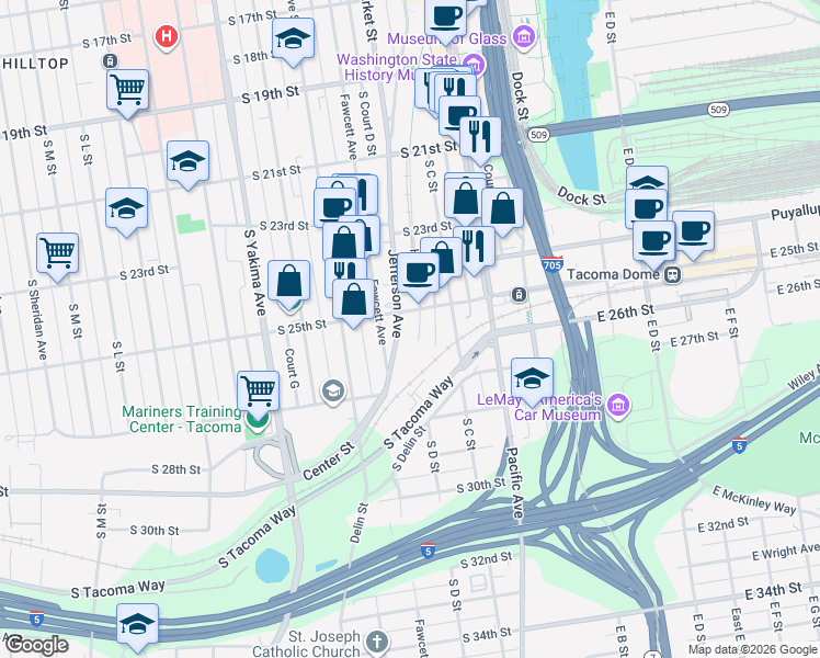 map of restaurants, bars, coffee shops, grocery stores, and more near 2515 Jefferson Avenue in Tacoma