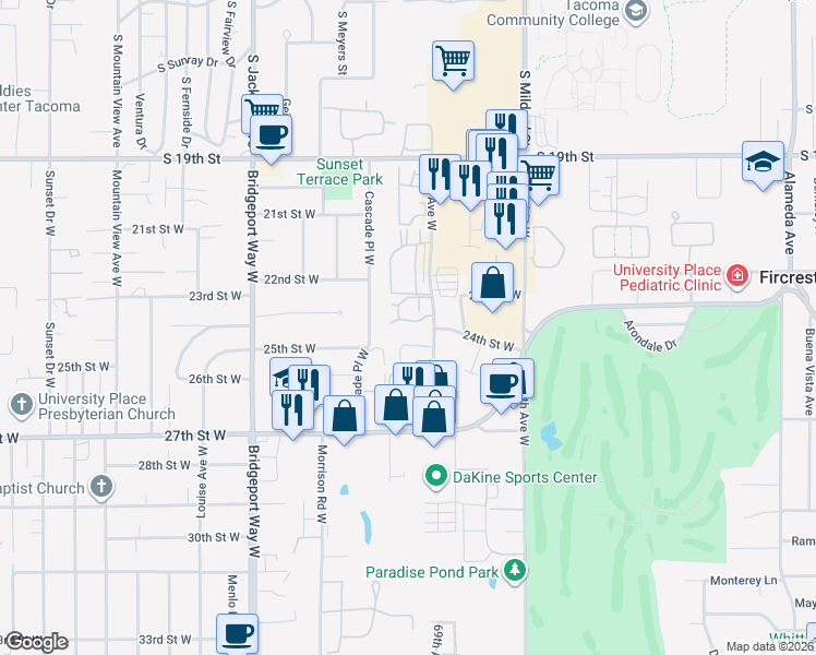 map of restaurants, bars, coffee shops, grocery stores, and more near 2326 70th Avenue West in University Place