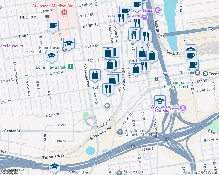 map of restaurants, bars, coffee shops, grocery stores, and more near 2507 Tacoma Avenue South in Tacoma