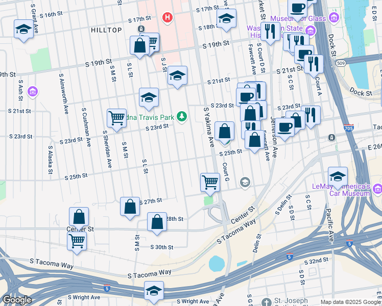 map of restaurants, bars, coffee shops, grocery stores, and more near 915 South 25th Street in Tacoma