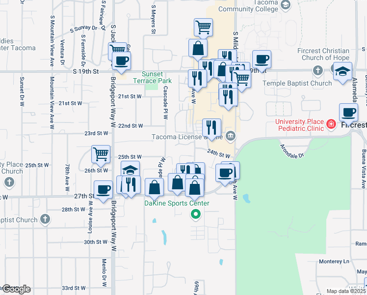 map of restaurants, bars, coffee shops, grocery stores, and more near 2322 70th Avenue West in University Place