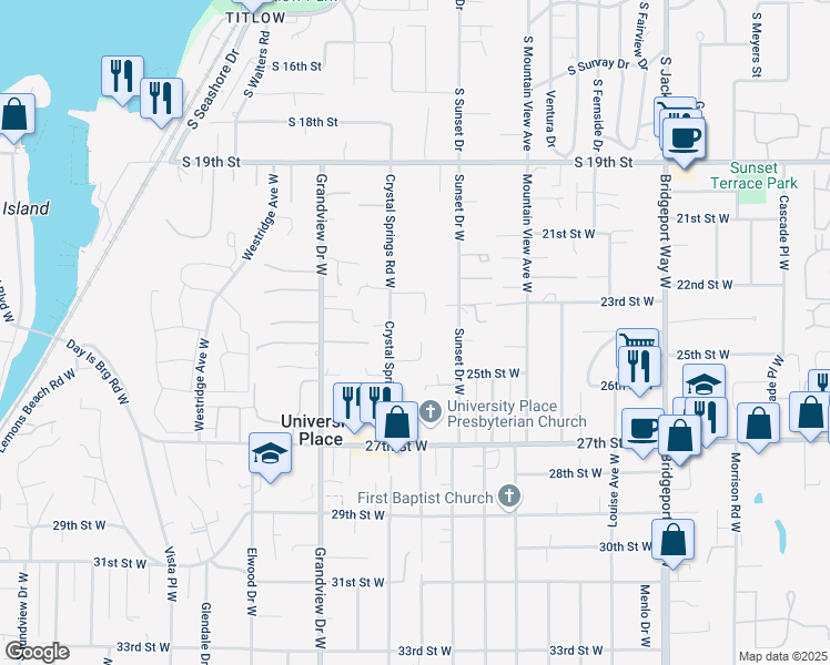 map of restaurants, bars, coffee shops, grocery stores, and more near 8209 24th Street Court West in University Place