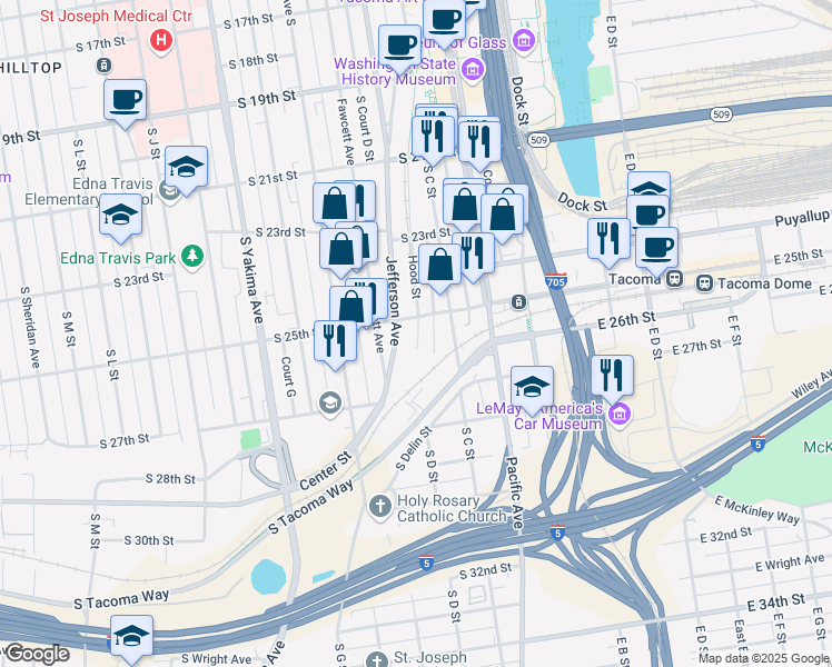 map of restaurants, bars, coffee shops, grocery stores, and more near 2515 Jefferson Avenue in Tacoma
