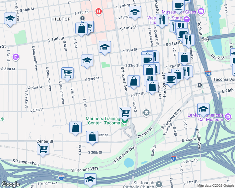 map of restaurants, bars, coffee shops, grocery stores, and more near 815 South 25th Street in Tacoma