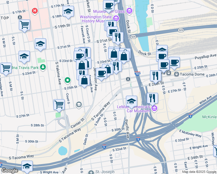 map of restaurants, bars, coffee shops, grocery stores, and more near 2516 South Holgate Street in Tacoma