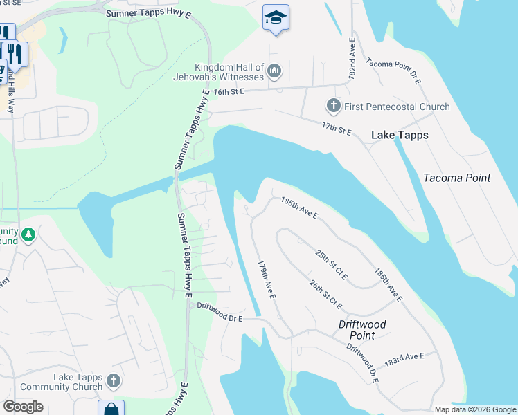 map of restaurants, bars, coffee shops, grocery stores, and more near 18004 22nd Street Court East in Lake Tapps