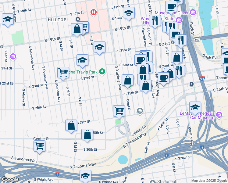 map of restaurants, bars, coffee shops, grocery stores, and more near 2434 Yakima Court in Tacoma