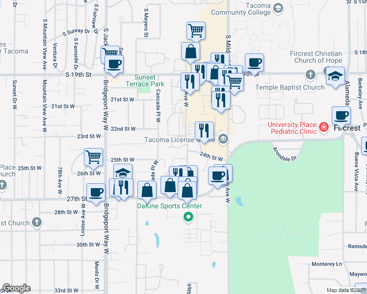 map of restaurants, bars, coffee shops, grocery stores, and more near 2322 70th Avenue West in University Place