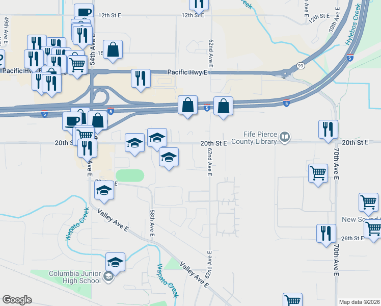 map of restaurants, bars, coffee shops, grocery stores, and more near 6050 20th Street East in Fife