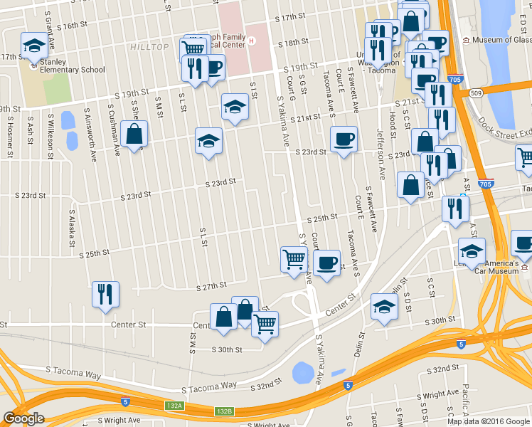 map of restaurants, bars, coffee shops, grocery stores, and more near 915 South 25th Street in Tacoma