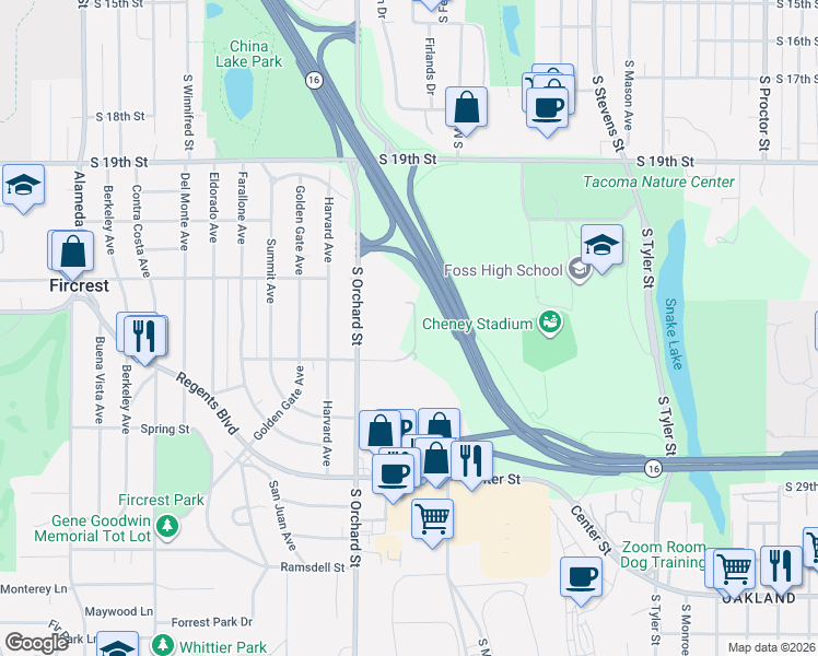 map of restaurants, bars, coffee shops, grocery stores, and more near 2401 South Orchard Street West in Tacoma