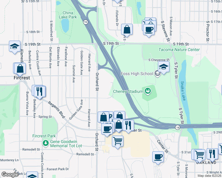 map of restaurants, bars, coffee shops, grocery stores, and more near 4901 South 25th Street in Tacoma