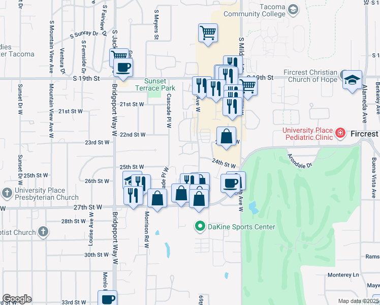 map of restaurants, bars, coffee shops, grocery stores, and more near 2322 70th Avenue West in University Place