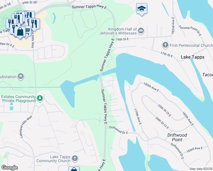 map of restaurants, bars, coffee shops, grocery stores, and more near 2011 Sumner Tapps Hwy E in Bonney Lake