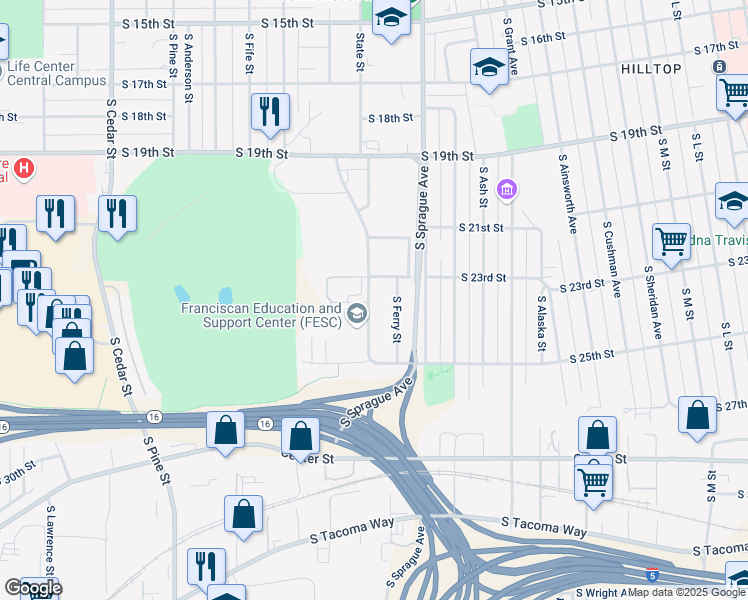 map of restaurants, bars, coffee shops, grocery stores, and more near 2330 South Ferry Street in Tacoma