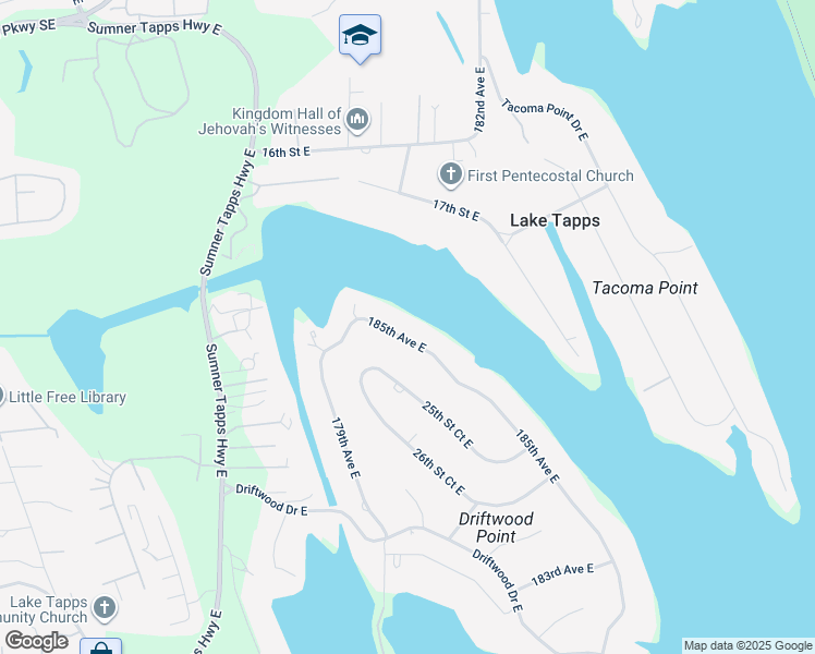 map of restaurants, bars, coffee shops, grocery stores, and more near 2403 185th Avenue East in Lake Tapps