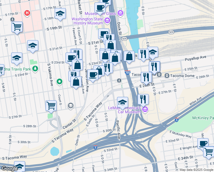 map of restaurants, bars, coffee shops, grocery stores, and more near 225 S Tacoma Way in Tacoma