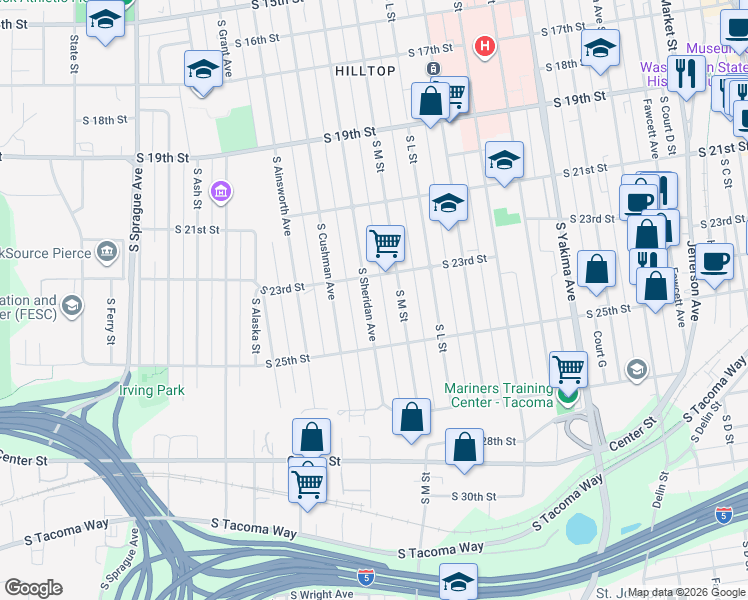 map of restaurants, bars, coffee shops, grocery stores, and more near 2335 South Sheridan Avenue in Tacoma