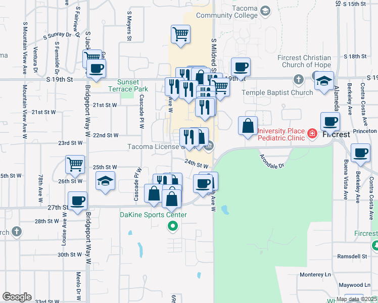 map of restaurants, bars, coffee shops, grocery stores, and more near 6906-6998 24th St W in University Place