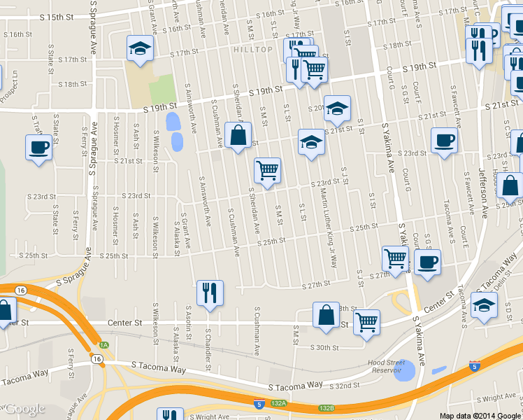 map of restaurants, bars, coffee shops, grocery stores, and more near 2319 South Sheridan Avenue in Tacoma