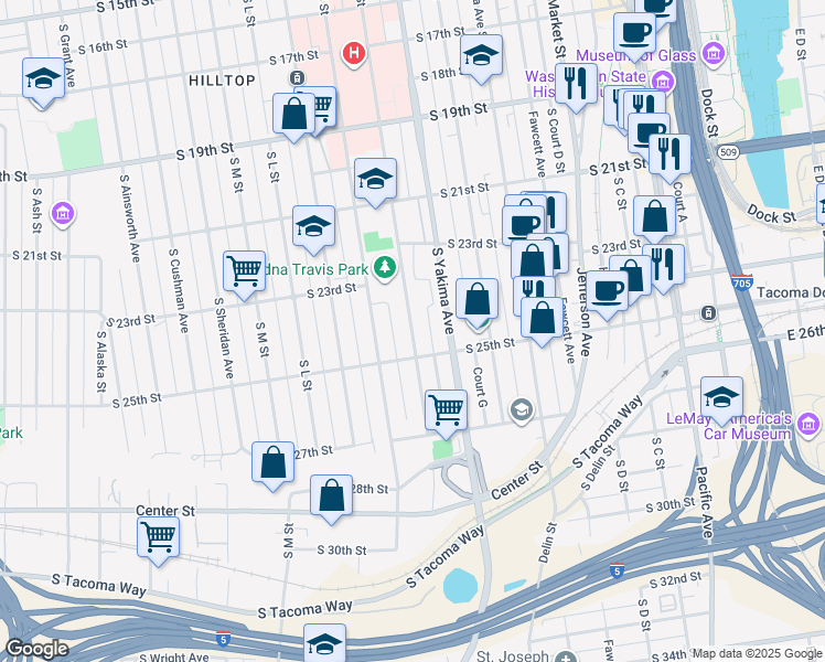 map of restaurants, bars, coffee shops, grocery stores, and more near 815 South 25th Street in Tacoma
