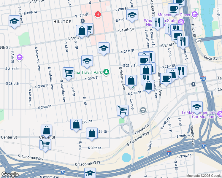 map of restaurants, bars, coffee shops, grocery stores, and more near 915 South 25th Street in Tacoma
