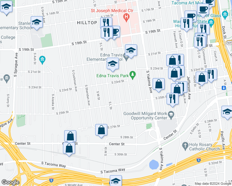 map of restaurants, bars, coffee shops, grocery stores, and more near 2341 South L Street in Tacoma