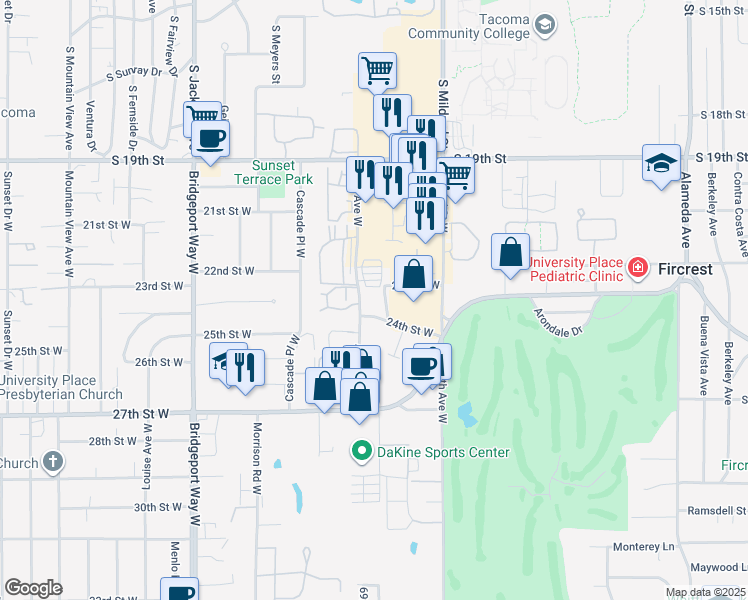map of restaurants, bars, coffee shops, grocery stores, and more near 6906-6998 24th St W in University Place