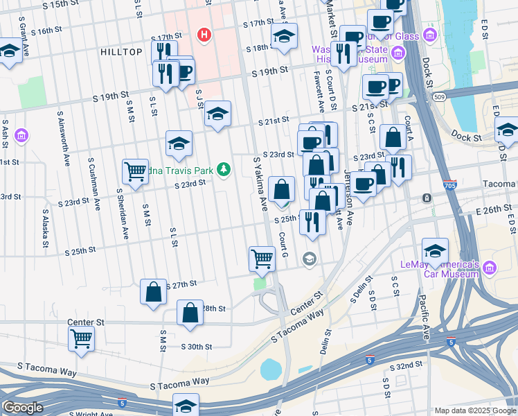 map of restaurants, bars, coffee shops, grocery stores, and more near 815 South 25th Street in Tacoma