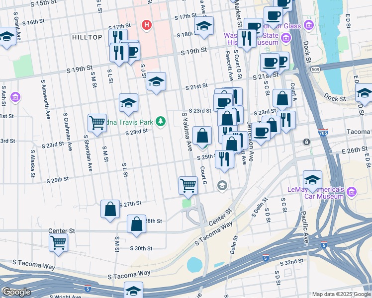 map of restaurants, bars, coffee shops, grocery stores, and more near 2368 South Yakima Avenue in Tacoma