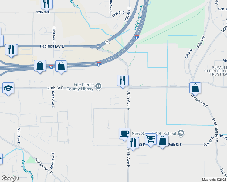 map of restaurants, bars, coffee shops, grocery stores, and more near 6826 20th Street East in Fife