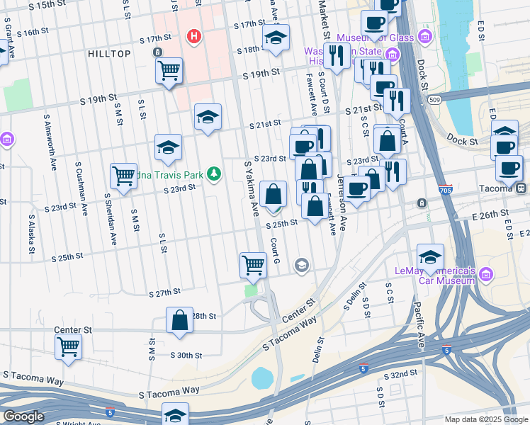 map of restaurants, bars, coffee shops, grocery stores, and more near 2505 South Yakima Avenue in Tacoma