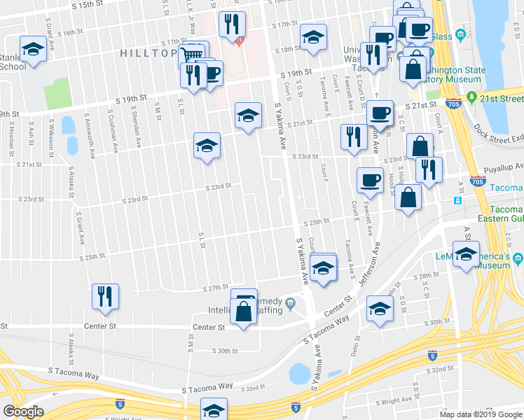 map of restaurants, bars, coffee shops, grocery stores, and more near 915 South 25th Street in Tacoma