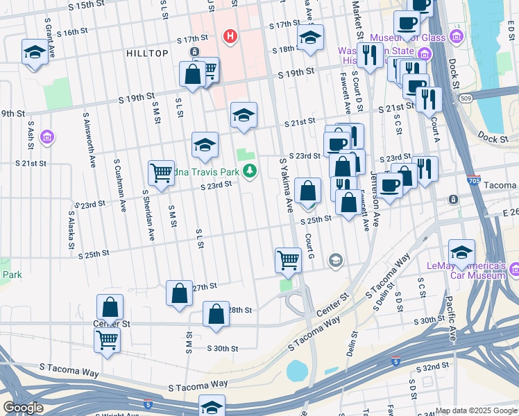 map of restaurants, bars, coffee shops, grocery stores, and more near 2406 South I Street in Tacoma